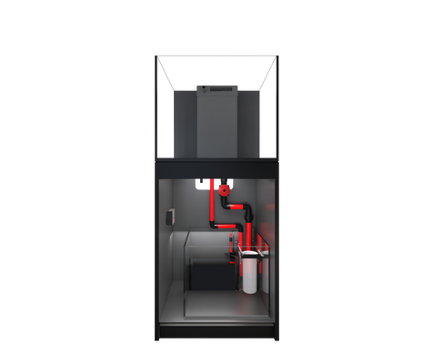 Red Sea REEFER 200 G3 Standard Schwarz R45118 mit geöffnetem Unterschrank und sichtbarem Technikbecken für Meerwassertechnik
