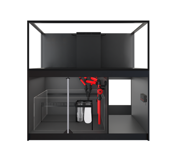 Red Sea REEFER™ 625 G3 Standard in Schwarz mit Ultra-Clear™ Aquarium, REEF-SPEC®-Technikbecken und hochwertigem Marine-Spec-Unterschrank.