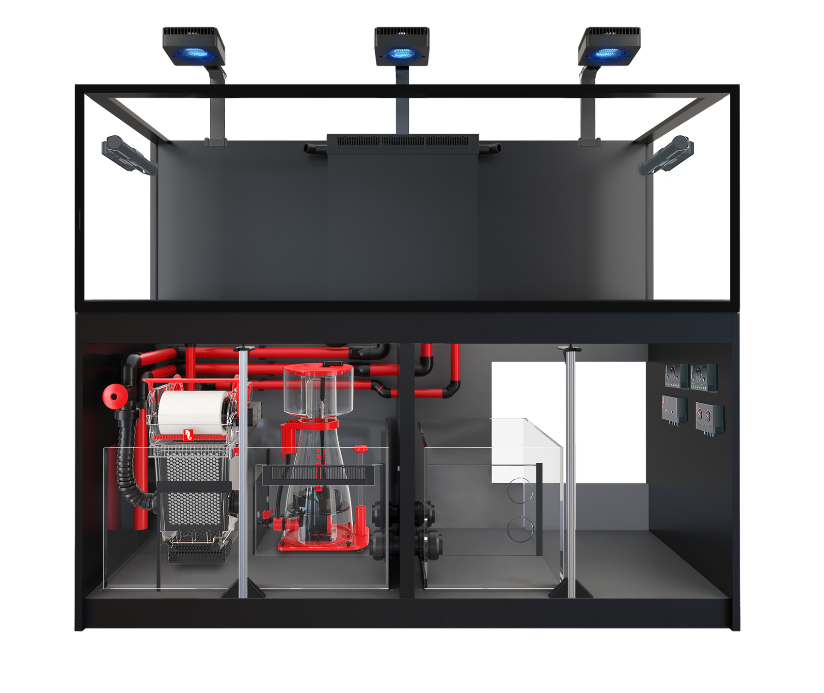 Red Sea REEFER™ 750 G3 MAX in Schwarz mit Ultra-Clear™ Aquarium, REEF-SPEC®-Technikbecken, 3 × ReefLED G2 170 LED-Leuchten und kompletter Red Sea Premium-Technik.