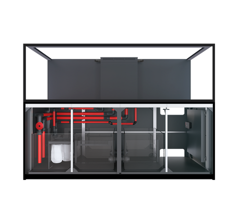 Red Sea REEFER S-1000 G3 Standard in Schwarz mit geöffnetem Unterschrank, REEF-SPEC Split-Technikbecken und Euro-Strebe