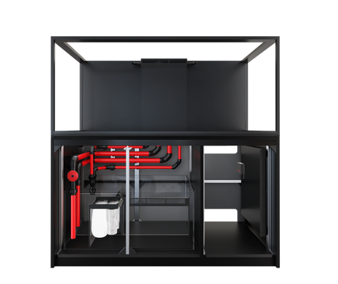 Red Sea REEFER S-700 G3 Standard in Schwarz mit geöffnetem Unterschrank, REEF-SPEC Technikbecken und Euro-Strebe