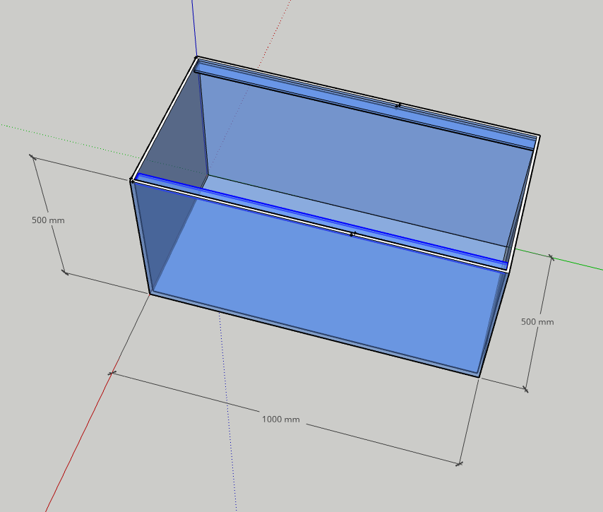 Aquarium mit Längsstreben Tiefe 50 cm, Höhe 50 cm, Floatglas.